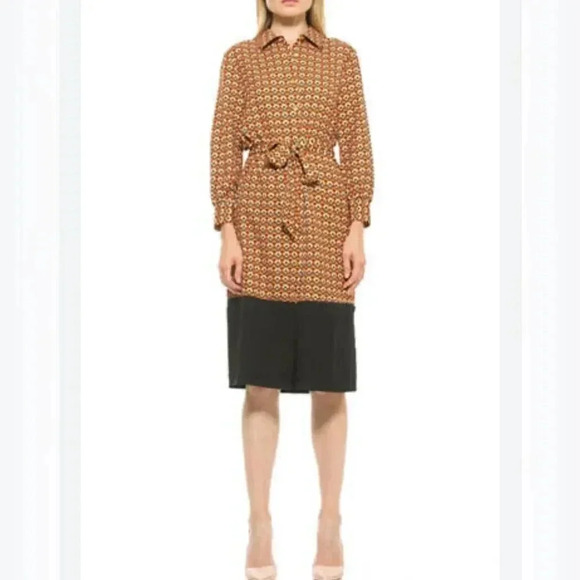 New Alexia Admor Dress 3/4 Sleeve Button Front S Geometric Belted - Picture 1 of 12
